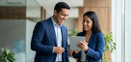 Equipo de consultores analizando información estratégica en una tablet